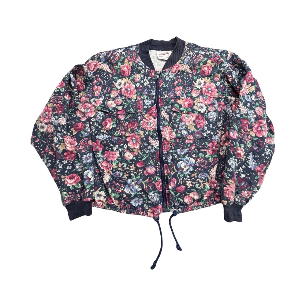 Britland Bomber Jacket Womens Medium Navy Pink Floral Cotton Vintage Cottagecore